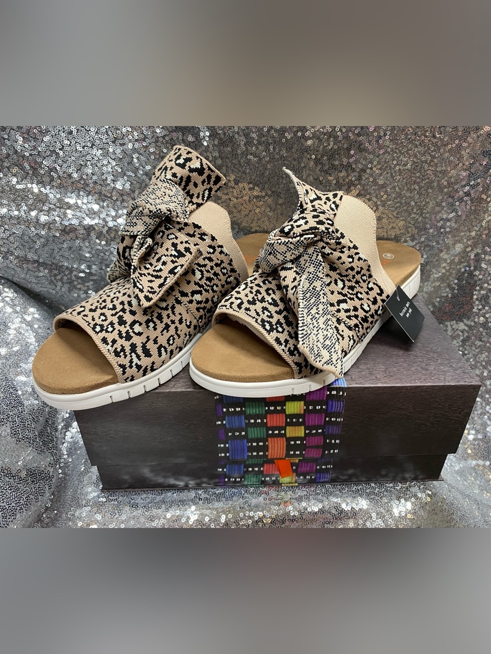 bernie mev. Leopard Bow Slide Sandals - Beige & Black